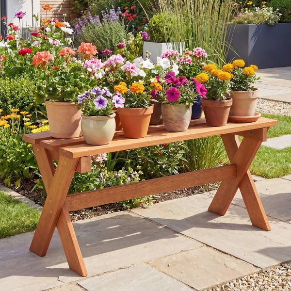 Solid hardwood construction ensures strength and long-lasting outdoor durability<br>Teak oil treated surface improves wood longevity<br>Spacious 36-inch seat comfortably accommodates 2 adults together<br>Backless design allows flexible placement from eith
