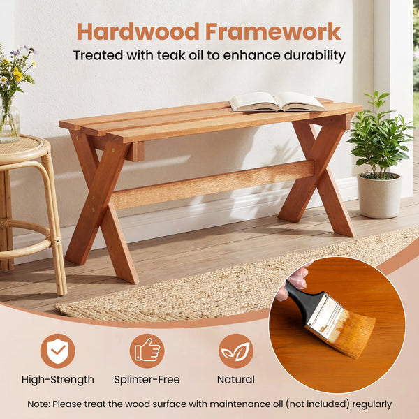 Solid hardwood construction ensures strength and long-lasting outdoor durability<br>Teak oil treated surface improves wood longevity<br>Spacious 36-inch seat comfortably accommodates 2 adults together<br>Backless design allows flexible placement from eith