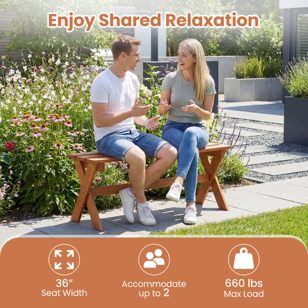 Solid hardwood construction ensures strength and long-lasting outdoor durability<br>Teak oil treated surface improves wood longevity<br>Spacious 36-inch seat comfortably accommodates 2 adults together<br>Backless design allows flexible placement from eith