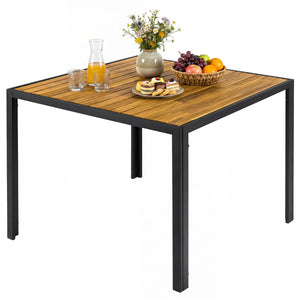 Acacia wood tabletop for sturdy and reliable use<br>Slatted top design helps prevent water accumulation<br>Natural wood grain for a warmer and more inviting setting<br>Built for excellent stability with a strong metal framework<br>1.97" built-in umbrella 