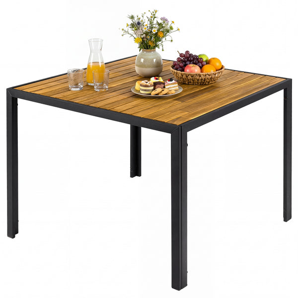 Acacia wood tabletop for sturdy and reliable use<br>Slatted top design helps prevent water accumulation<br>Natural wood grain for a warmer and more inviting setting<br>Built for excellent stability with a strong metal framework<br>1.97" built-in umbrella 
