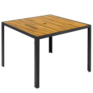 Acacia wood tabletop for sturdy and reliable use<br>Slatted top design helps prevent water accumulation<br>Natural wood grain for a warmer and more inviting setting<br>Built for excellent stability with a strong metal framework<br>1.97" built-in umbrella 