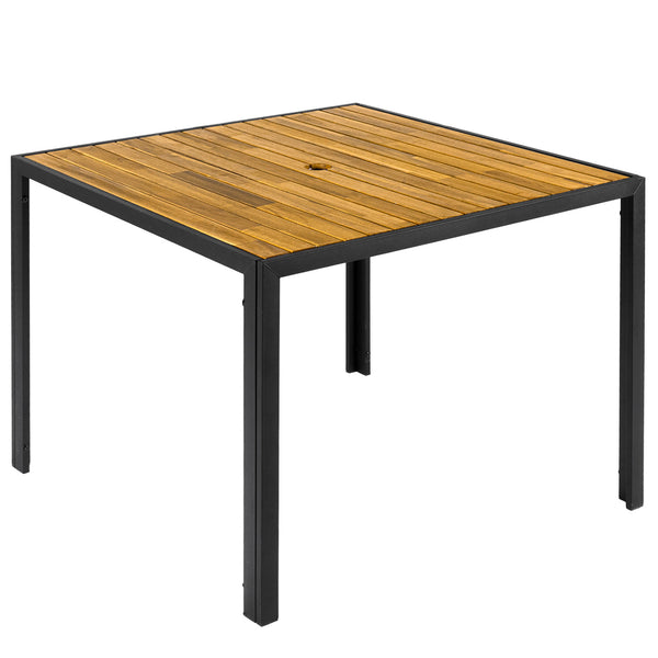 Acacia wood tabletop for sturdy and reliable use<br>Slatted top design helps prevent water accumulation<br>Natural wood grain for a warmer and more inviting setting<br>Built for excellent stability with a strong metal framework<br>1.97" built-in umbrella 