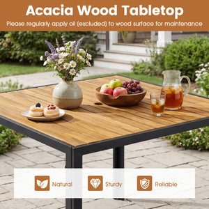 Acacia wood tabletop for sturdy and reliable use<br>Slatted top design helps prevent water accumulation<br>Natural wood grain for a warmer and more inviting setting<br>Built for excellent stability with a strong metal framework<br>1.97" built-in umbrella 