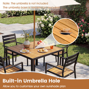 Acacia wood tabletop for sturdy and reliable use<br>Slatted top design helps prevent water accumulation<br>Natural wood grain for a warmer and more inviting setting<br>Built for excellent stability with a strong metal framework<br>1.97" built-in umbrella 