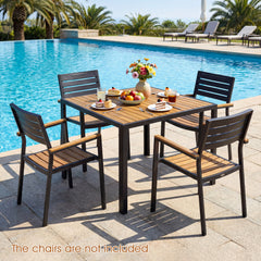 Acacia wood tabletop for sturdy and reliable use<br>Slatted top design helps prevent water accumulation<br>Natural wood grain for a warmer and more inviting setting<br>Built for excellent stability with a strong metal framework<br>1.97" built-in umbrella 
