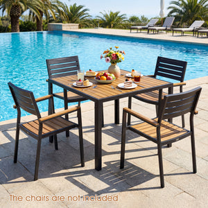Acacia wood tabletop for sturdy and reliable use<br>Slatted top design helps prevent water accumulation<br>Natural wood grain for a warmer and more inviting setting<br>Built for excellent stability with a strong metal framework<br>1.97" built-in umbrella 