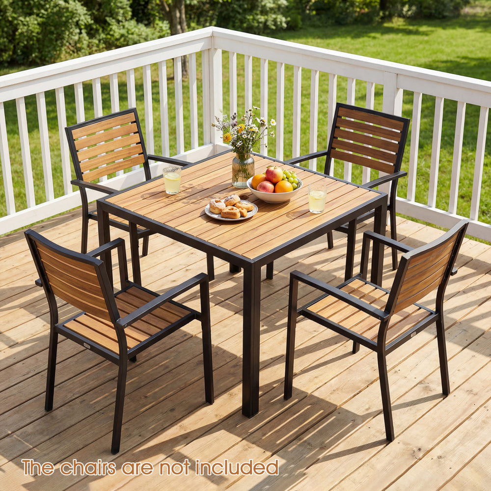 Acacia wood tabletop for sturdy and reliable use<br>Slatted top design helps prevent water accumulation<br>Natural wood grain for a warmer and more inviting setting<br>Built for excellent stability with a strong metal framework<br>1.97" built-in umbrella 