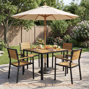 Acacia wood tabletop for sturdy and reliable use<br>Slatted top design helps prevent water accumulation<br>Natural wood grain for a warmer and more inviting setting<br>Built for excellent stability with a strong metal framework<br>1.97" built-in umbrella 