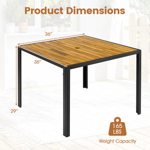 Acacia wood tabletop for sturdy and reliable use<br>Slatted top design helps prevent water accumulation<br>Natural wood grain for a warmer and more inviting setting<br>Built for excellent stability with a strong metal framework<br>1.97" built-in umbrella 