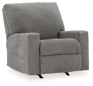 Youâ€™re in for a neat treat with this rocker recliner. Its comfy seat is covered in soft, textural upholstery, and the wide track arms are eager to support your quest for total relaxation. A side button reclines the seating to a relaxing position. Or sim