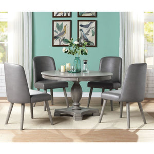 Keep everyone comfortable with the contemporary yet casual Waylon dining group. This beautiful round table features a wood top and turned pedestal base in a warm gray oak finish. Allowing seating for four people, this wonderful set is ideal for your kitch