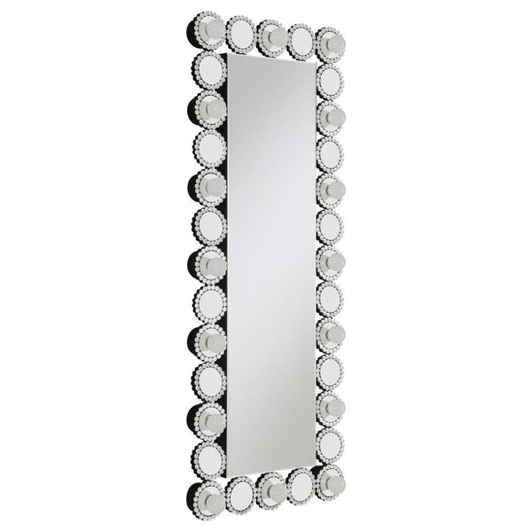 The contemporary full-length mirror lends a wonderful accent piece to your rooms. Featuring 16 LED lights that offer an even glow adding a glamour style to this piece. The Hollywood inspired frame is bordered by individual round mirror tiles, each further