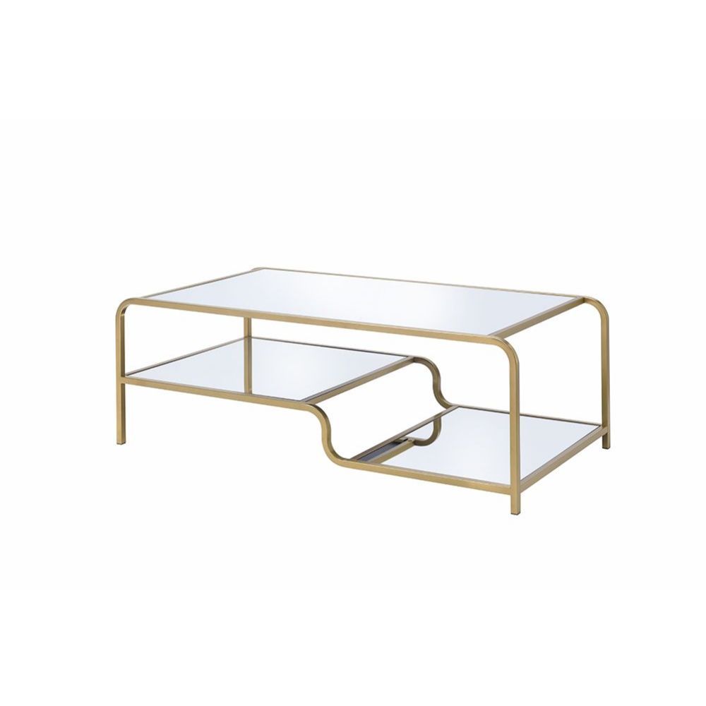 Center your seating arrangement around a sleek and sophisticated style with the Astrid occasional collection. Inspired by timeless materials, it features a mirror top with a stylish curving frame made of refined gold metal coating. An open base and floati