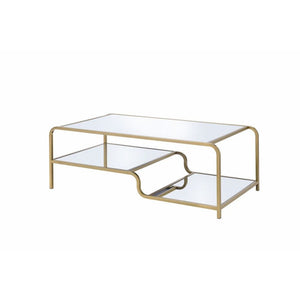  it features a mirror top with a stylish curving frame made of refined gold metal coating. An open base and floati