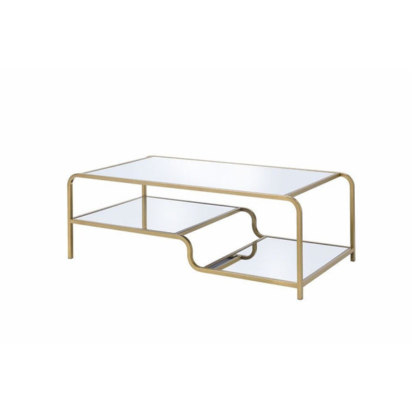  it features a mirror top with a stylish curving frame made of refined gold metal coating. An open base and floati
