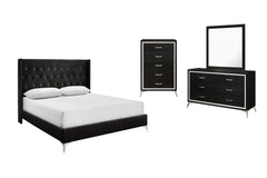 The Huxley 4-Piece Bedroom Set in Black is a perfect blend of contemporary glam and durable construction. This set includes a headboard, footboard, two side rails, slat kit, a 6-drawer dresser, a mirror, and a 5-drawer chest. Each piece is crafted from ma