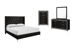 The Huxley 4-Piece Bedroom Set in Black is a perfect blend of contemporary glam and durable construction. This set includes a headboard, footboard, two side rails, slat kit, a 6-drawer dresser, a mirror, and a 5-drawer chest. Each piece is crafted from ma