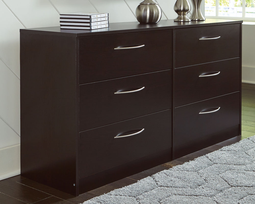 Practical and attractive, this dresser blends seamlessly with modern decor and makes a smart addition to a bedroom. The six full-sized drawers slide easily and can be used to keep your clothes neat and organized. Sleek metal pulls in a brushed nickel-tone
