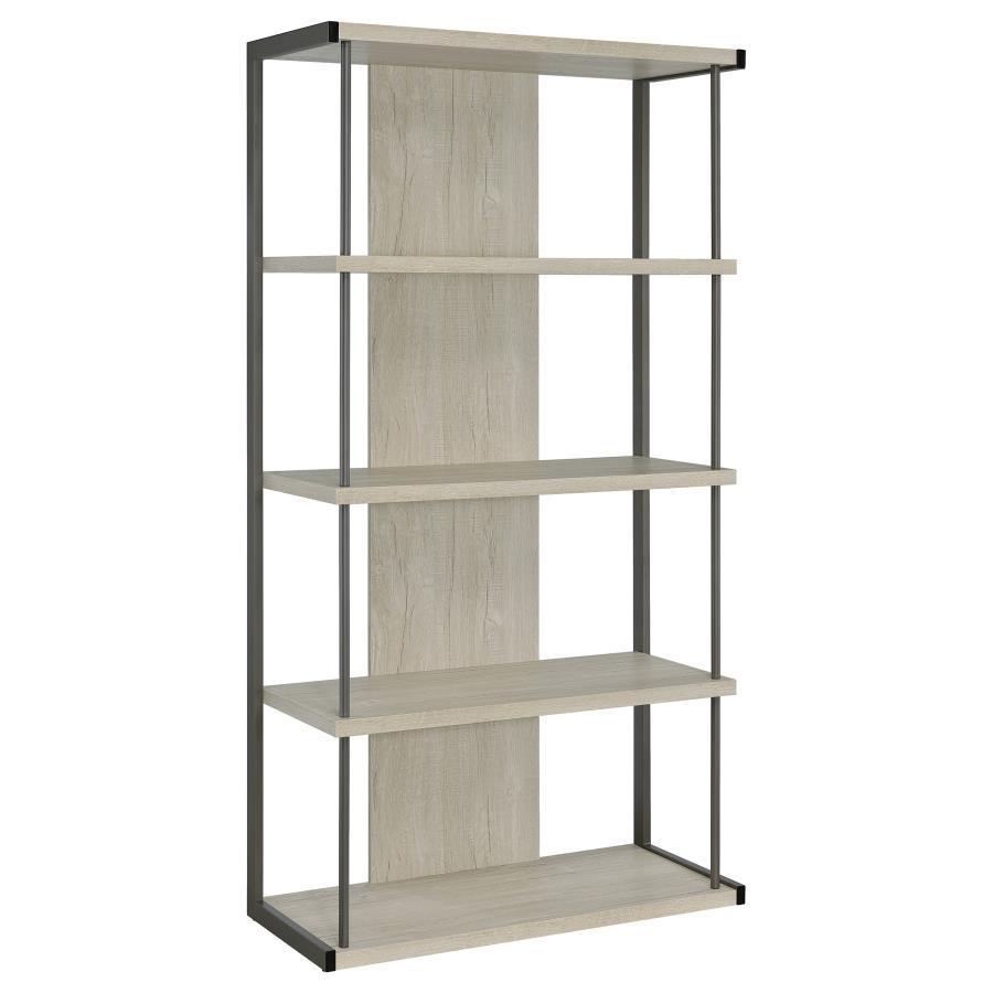 Keep your essentials and decor where you can show them off using this contemporary grey bookcase, designed with an open and airy frame complete with four slim whitewashed grey shelves held in place by a contrasting grey finished frame. Two slim rods punch
