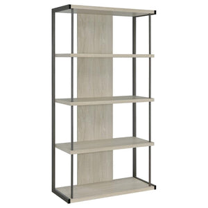 Keep your essentials and decor where you can show them off using this contemporary grey bookcase, designed with an open and airy frame complete with four slim whitewashed grey shelves held in place by a contrasting grey finished frame. Two slim rods punch