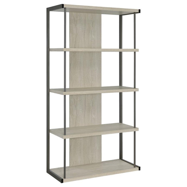 Keep your essentials and decor where you can show them off using this contemporary grey bookcase, designed with an open and airy frame complete with four slim whitewashed grey shelves held in place by a contrasting grey finished frame. Two slim rods punch