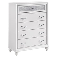 Complete the decor of your personal space in stunning, sparkling style. Beautifully adorned with acrylic glitter panels, this five-drawer dresser transforms any bedroom into a glamorous retreat. Faceted crystal hardware adds an extra pop of polish. A cris
