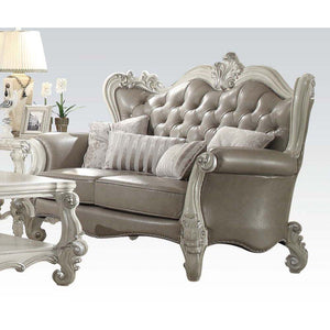Assembled, w/4 Pillows Tight Back & Loose Seat Cushion 2 Seat Cushion Reversible?? w/Welted Edge Button Tufted/Curved Back Rolled/Flared Armrest Curved Trim: Back/Crown/ Legs: Scrolled/Leaves Ornamental Details & Nailhead Trim<br/><br/><b>Product Features