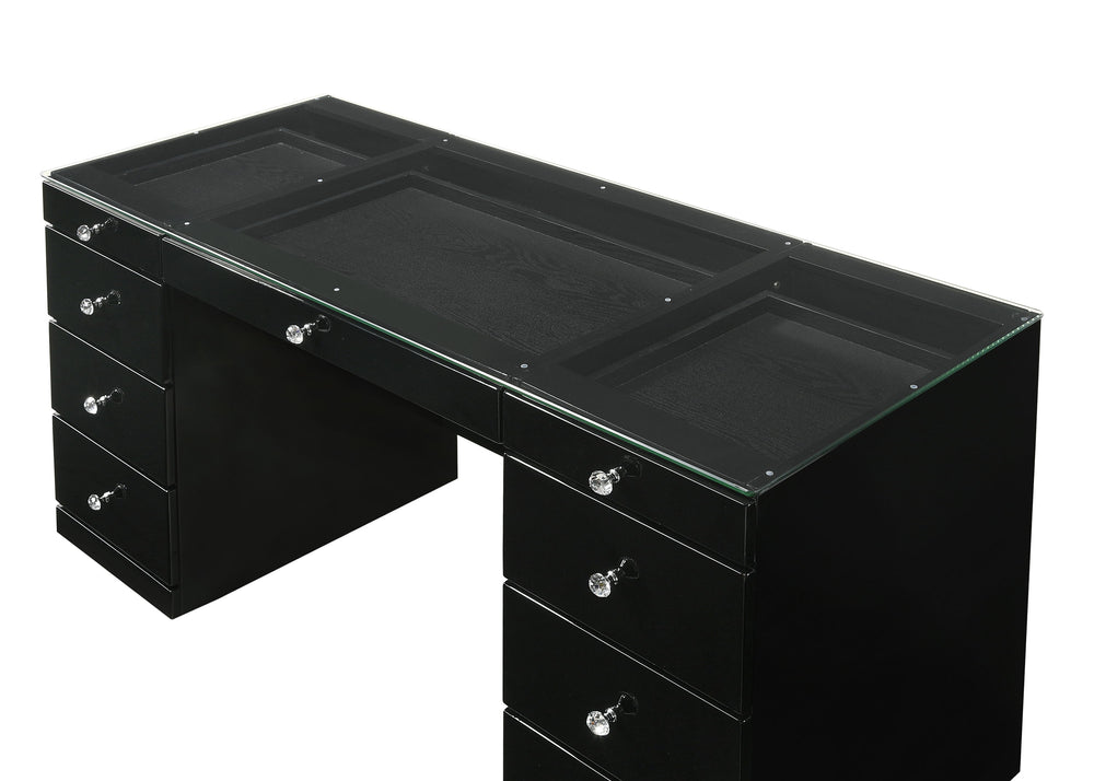 Step into a world of glamour with this sleek and chic vanity set, a perfect fusion of functionality and fashion. Its glossy black finish and clean lines are complemented by the sparkle of crystal-like knobs, adding a touch of sophistication to your person