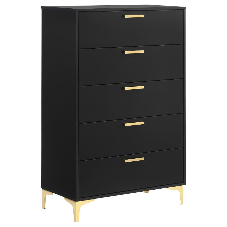 Organize garments, bed linens, and much more in this modern glam chest. Space-saving and tall with a simple, boxy frame, this five-drawer chest keeps your bedroom floor space open and free. A smooth, black finish presents a bold contrast and dramatic flai