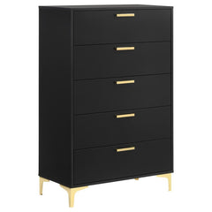 Organize garments, bed linens, and much more in this modern glam chest. Space-saving and tall with a simple, boxy frame, this five-drawer chest keeps your bedroom floor space open and free. A smooth, black finish presents a bold contrast and dramatic flai