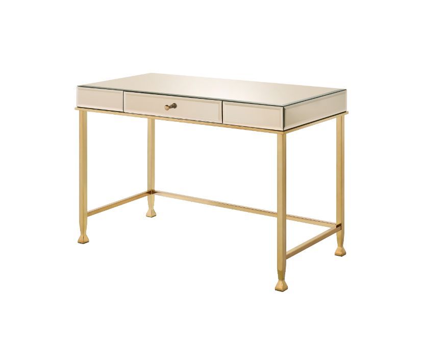 KDâ€¢ Rectangular Writing Deskâ€¢ 1 Storage Drawerâ€¢ Metal Baseâ€¢ Side Metal Drawer Glideâ€¢ 1/2 Extension Drawer Glide<br/><br/><b>Product Features</b><ul><li>Case: 1Pc/1Ctn</li><li>Finish: Smoky Mirroed and Champagne Finish</li><li>Style: Contemporary