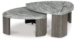 Striking contemporary form, meet canâ€™t-miss function. This stacked coffee table pairs the look of faux gray marble with a weathered gray wood grain for a simply chic approach to monochromatic style. Make the most of your space with its cantilevered desi