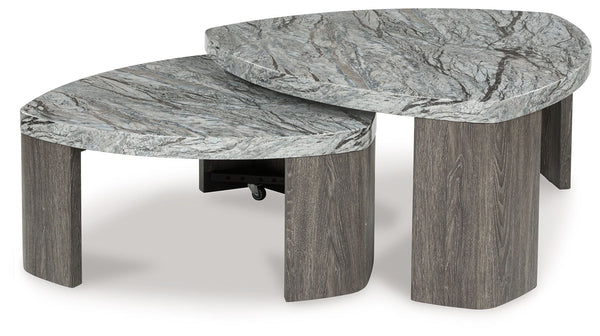 Striking contemporary form, meet canâ€™t-miss function. This stacked coffee table pairs the look of faux gray marble with a weathered gray wood grain for a simply chic approach to monochromatic style. Make the most of your space with its cantilevered desi