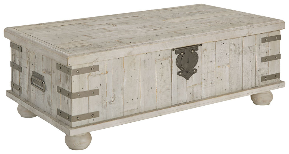 Unlock a quaint touch of farmhouse style and convenience in your living area with this lift top coffee table. Its design is inspired by the rugged looks of an antique storage trunk. Metal keyhole and bracket accents with rivets, a planked effect and large
