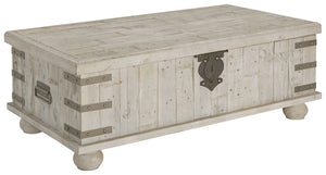 Unlock a quaint touch of farmhouse style and convenience in your living area with this lift top coffee table. Its design is inspired by the rugged looks of an antique storage trunk. Metal keyhole and bracket accents with rivets, a planked effect and large