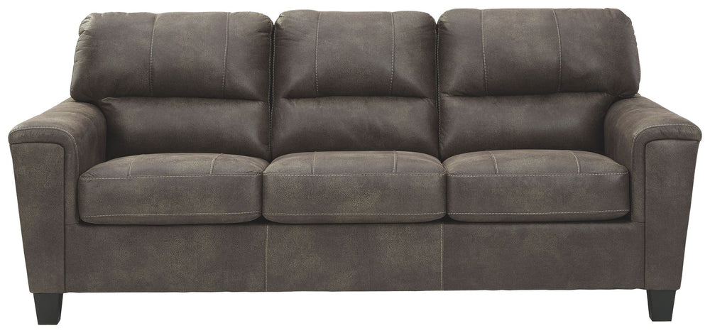 If you love the cool look of leather but long for the warm feel of fabric, you can take comfort in this sofa. Wrapped in a fabulous faux leather with a weathered hue and hint of pebbly texture to resemble the real deal, this decidedly modern sofa proves l