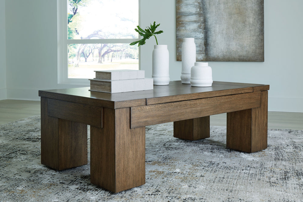 With its sleek silhouette and timeless color, this coffee table appeals to lovers of casual contemporary style. Its architectural geometry and chunky silhouette uniquely blend beauty and practicality. Combining elements of fashion and function, the lift-t