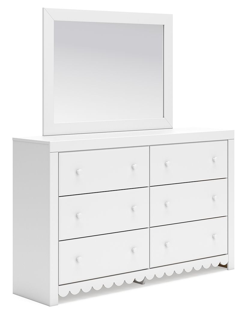 Make getting ready for the day or bed that much more magical with this dresser with mirror. Charmingly cute with its scalloped detailing, it appeals to both her sense of playful whimsy and your love for modern design. And the bed-'s crisp white finish giv