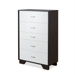 This beautiful Eloy chest of drawers boasts of contemporary style, five drawers with metal drawer handles. Crafted with multi shades of espresso, the raw wood texture enhances this dresser-'s sleek style and the drawers provide plenty of storage space for