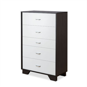 This beautiful Eloy chest of drawers boasts of contemporary style, five drawers with metal drawer handles. Crafted with multi shades of espresso, the raw wood texture enhances this dresser-'s sleek style and the drawers provide plenty of storage space for