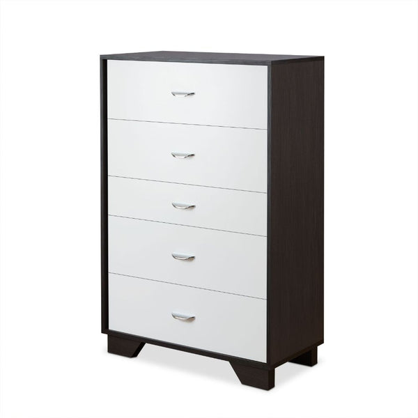 This beautiful Eloy chest of drawers boasts of contemporary style, five drawers with metal drawer handles. Crafted with multi shades of espresso, the raw wood texture enhances this dresser-'s sleek style and the drawers provide plenty of storage space for