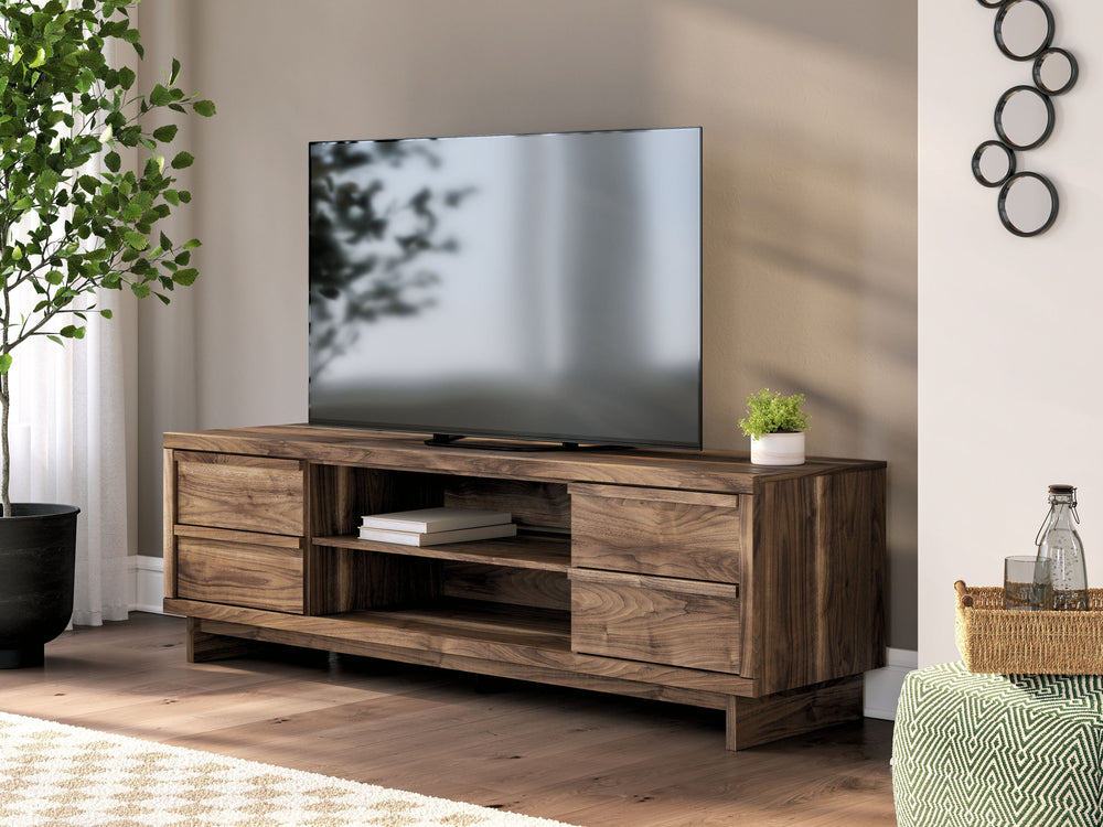 Nostalgic style, retooled for todayâ€™s trends. This TV stand puts an elevated twist on mod aesthetics. Its warm brown tones reflect the mid-century vibes you love, while the angular base incorporates contemporary motifs. Integrated drawer handles round o