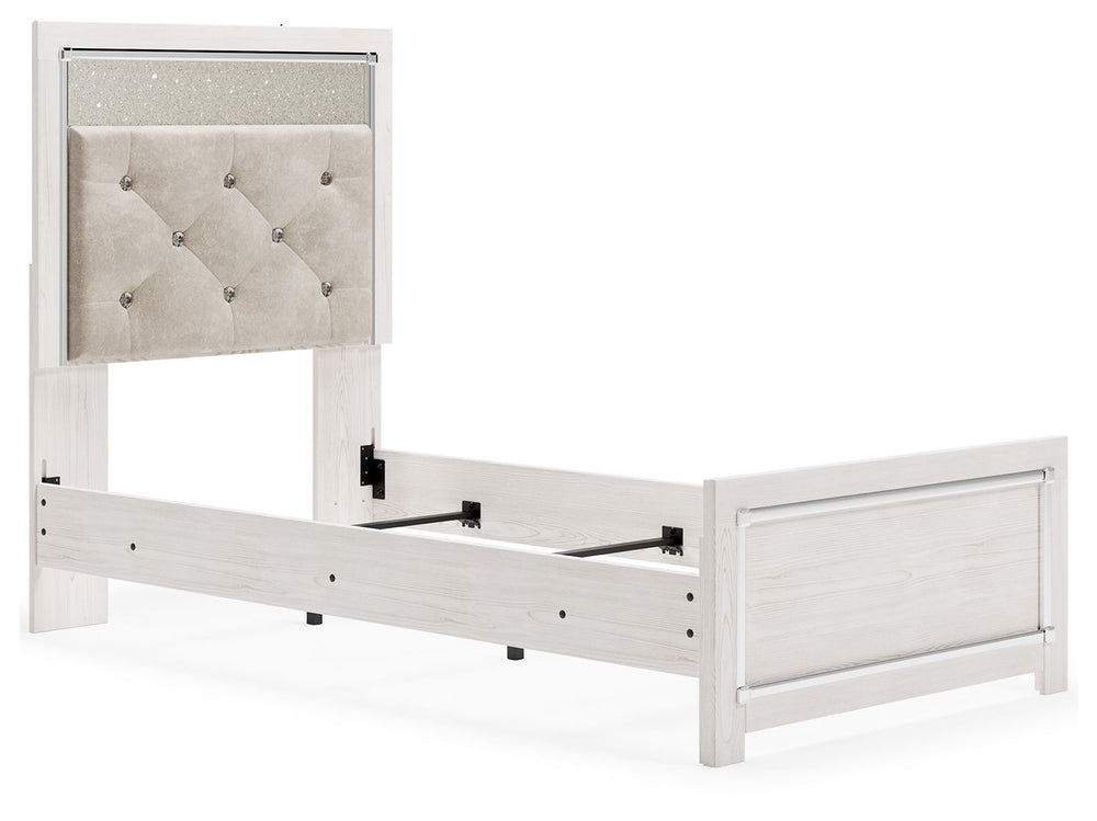 The epitome of fashion-forward design, this twin panel bed is a beautiful blend of comfort and luxury. Shiny chrome-tone accents, a pearlized finish and button-tufted upholstery bring a glam touch to the richly rustic appearance. Remote-controlled LED lig