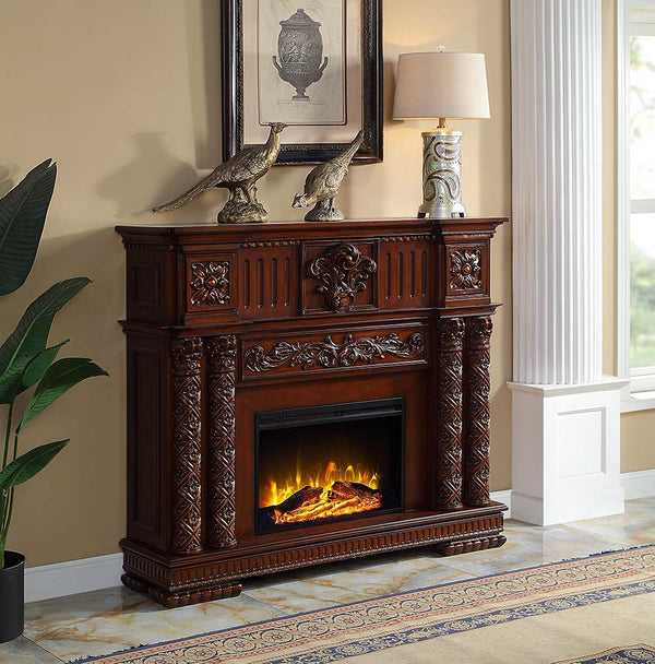 Classy meets functional in this Vendom fireplace. This unit is finished in cherry and features beautiful carvings for a traditional look. It features realistic flame and amber effects to create the perfect cozy night in. The flame effects can be used with