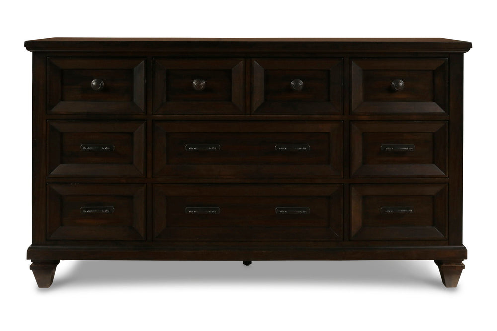 The Sevilla 9-Drawer Dresser in walnut is a masterpiece of timeless craftsmanship and versatile design, making it a stunning addition to any bedroom. Skillfully crafted from solid Acacia wood and Acacia veneers, this dresser features a rich, hand-distress