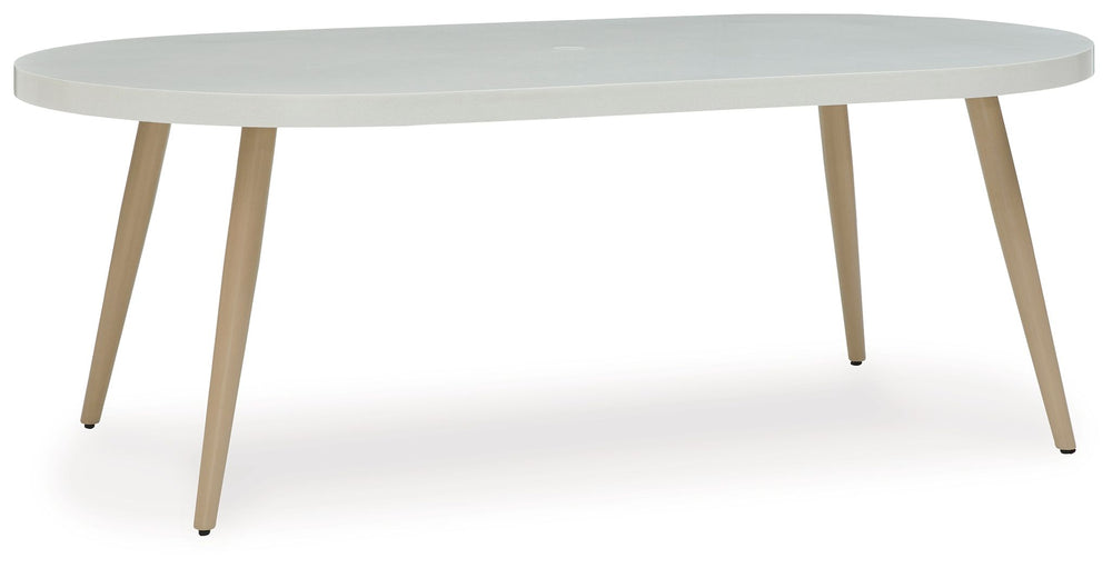 This set is a beautiful addition to any outdoor living space. Resin wicker on an aluminum frame. Wood look paint finish. Nuvella premium high performance fabric. Tempered glass top tables. Stainless steel hardware. <h4><b>Seton Creek - White - Oval Dining