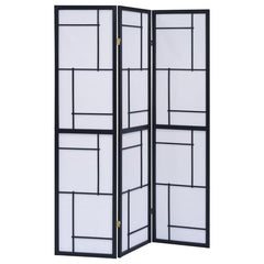 Infuse modern style in a contemporary room. With just a hint of mid-century styling, this three-panel folding screen offers a standout effect. Contrasting white and black lines form a geometric pattern in each panel. A black frame offers a delightful cont