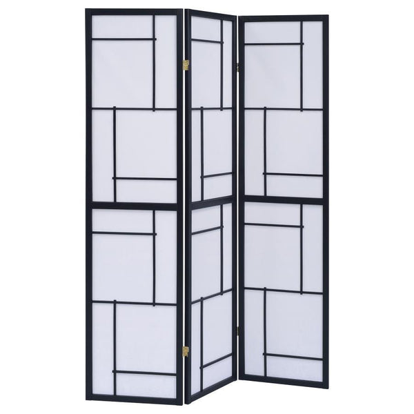 Infuse modern style in a contemporary room. With just a hint of mid-century styling, this three-panel folding screen offers a standout effect. Contrasting white and black lines form a geometric pattern in each panel. A black frame offers a delightful cont