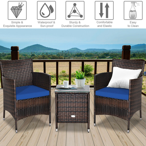 This item includes 2 rattan chairs(with cushions)  a coffee table and instruction<br>Rattan chair with comfortable cushions  adds elegance and practicality<br>The ergonomic armrest and the cradle-shape seat provide a relaxing zone<br>A coffee table with t